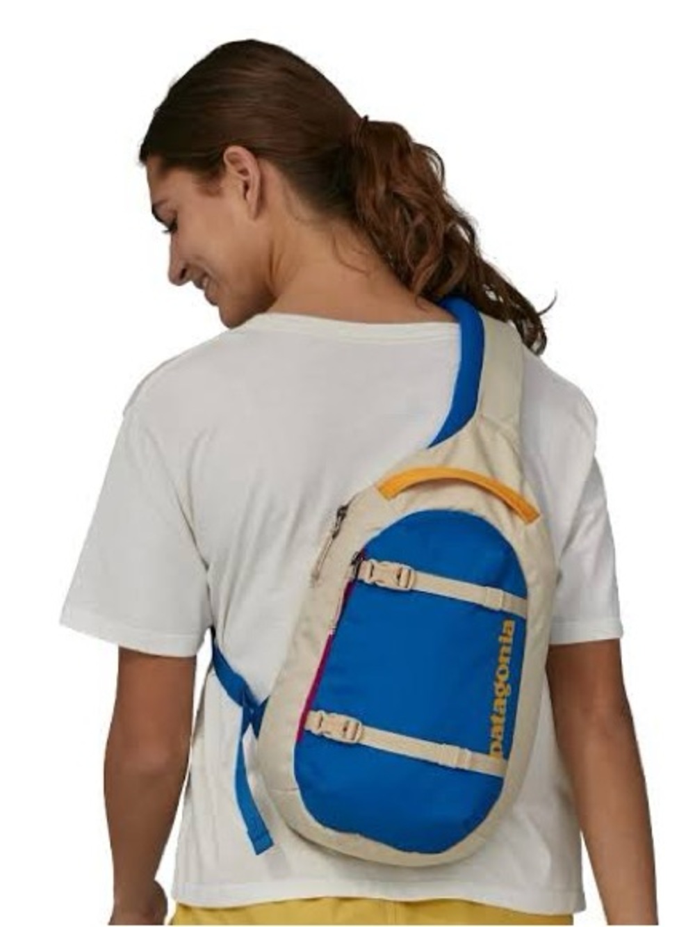 Patagonia Atom 8L Blue and Cream Crossbody Sling with Yellow Accent